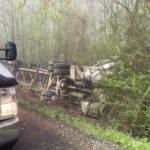 To Avoid Colliding With a School Bus Full of Students, the Log Truck Driver Took the Ditch.