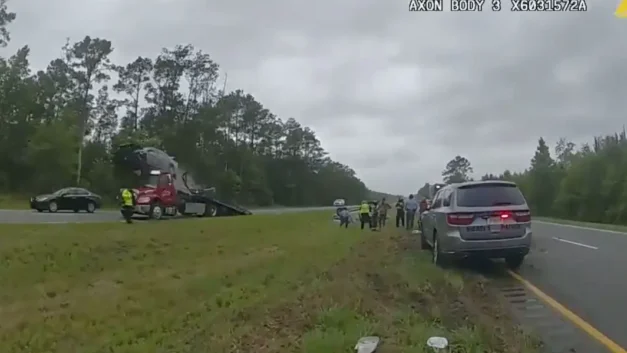 Shocking Car Accident: Speeding Vehicle Soars Through the Air After Launching off Tow Truck Ramp on Highway
